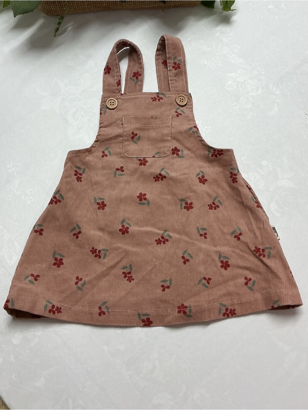 Corduroy Floral Pinafore Dress in Dusty Rose